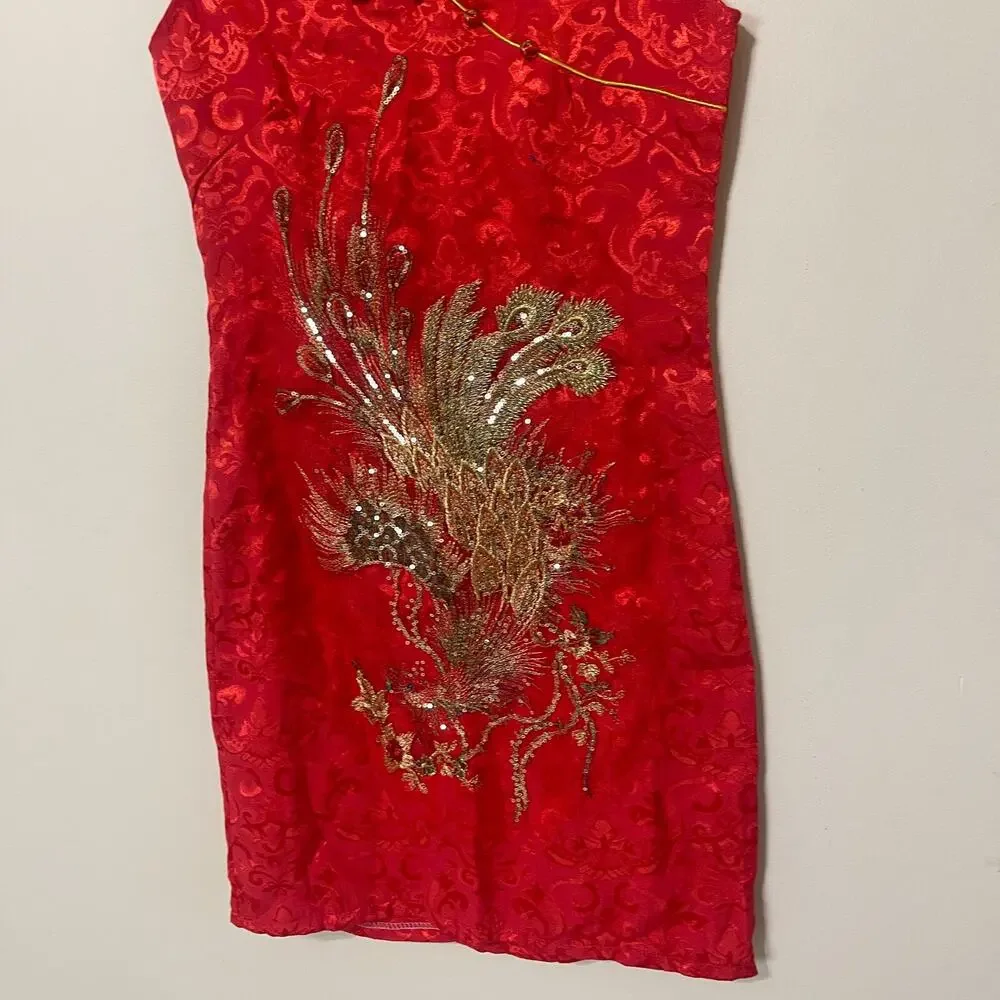 Cosplay Life Red and Gold Phoenix Brocade Chinese Traditional Cheongsam‎ Dress S